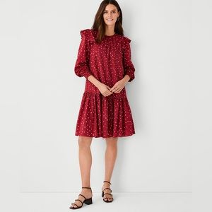 Ann Taylor Red Floral Ruffle Trim Shift Dress